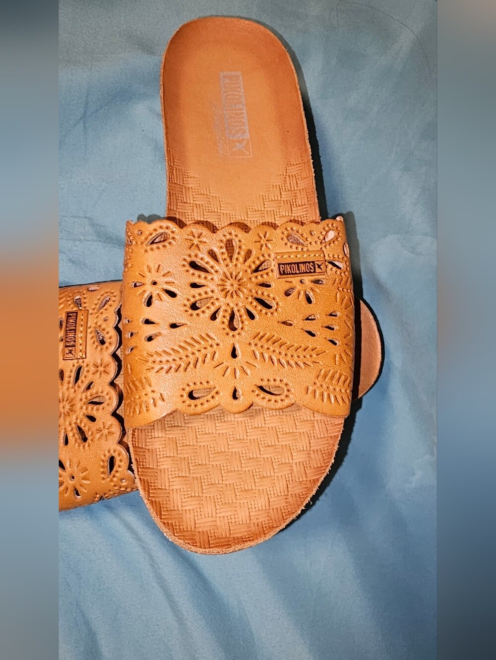 PIKOLINOS Tan Laser-Cut Leather Slide Sandals with Scalloped Edge